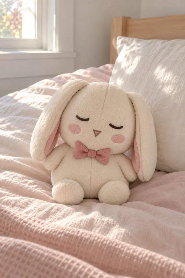 アプリ内アルバムの、眠るウサギのぬいぐるみ写真