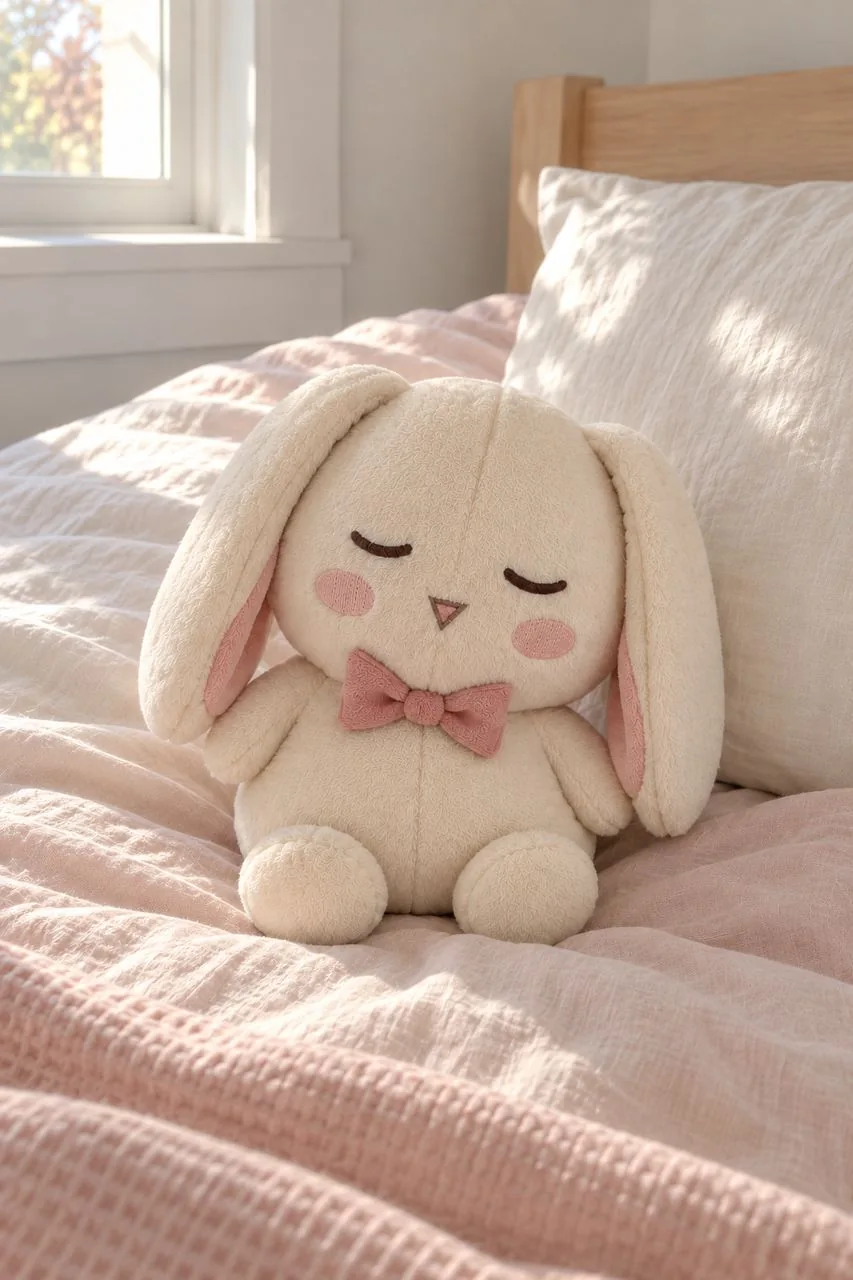 アプリ内アルバムの、眠るウサギのぬいぐるみ写真
